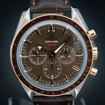 Omega Speedmaster '57 Omega Co-Axial Chronograph Watch - 41.5 mm Steel Case - Brushed Red Gold Bezel - Black Dial - Brown Leather Strap - 331.22.42.51.01.001